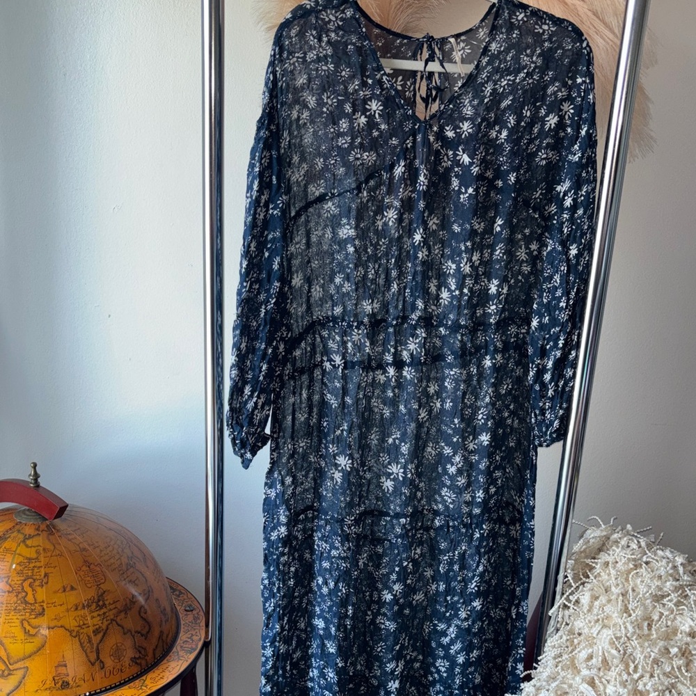 Free People Blue and White Floral Sheer Long Sleeve Dress